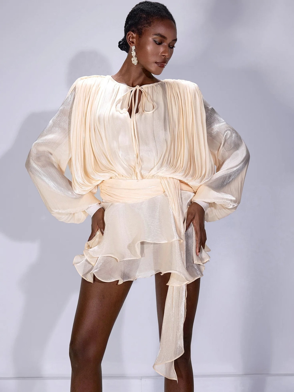 Blush Cream Pleated Long-Sleeve Mini Dress